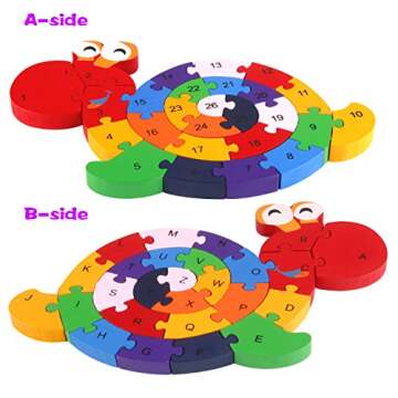 Monilon Wooden Blocks, 52 Pcs Kids Toys Alphabets & Numbers Winding Snail & Elephant Jigsaw Puzzle - Preschool Learning Educational Toy Set Gifts Toy for Kids 3 4 5 6 + Years Old Toddlers Boys Girls