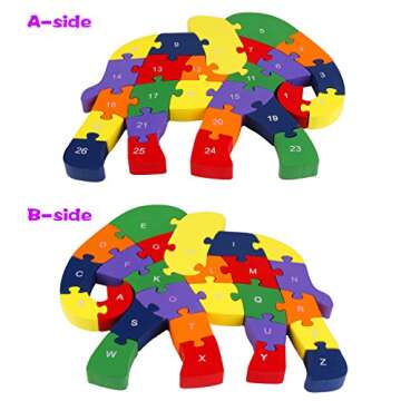 Monilon Wooden Blocks, 52 Pcs Kids Toys Alphabets & Numbers Winding Snail & Elephant Jigsaw Puzzle - Preschool Learning Educational Toy Set Gifts Toy for Kids 3 4 5 6 + Years Old Toddlers Boys Girls