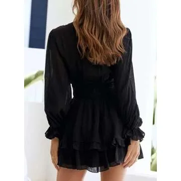 Dokotoo Womens Casual Spring Summer Sexy V Neck Ruffle Elegant Long Sleeve Empire Waist Tie Knot Cut...