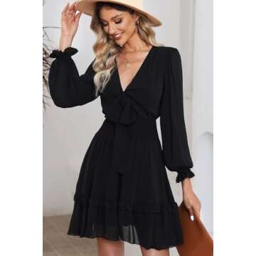 Dokotoo Womens Casual Spring Summer Sexy V Neck Ruffle Elegant Long Sleeve Empire Waist Tie Knot Cute Chiffon Boho Beach Tunic Swing A Line Flowy Mini Short Skater Dresses for Women 2025 Black M