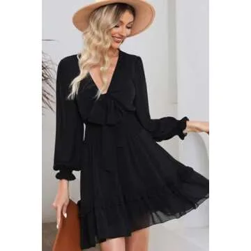 Dokotoo Womens Casual Spring Summer Sexy V Neck Ruffle Elegant Long Sleeve Empire Waist Tie Knot Cute Chiffon Boho Beach Tunic Swing A Line Flowy Mini Short Skater Dresses for Women 2025 Black M