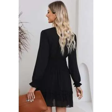 Dokotoo Womens Casual Spring Summer Sexy V Neck Ruffle Elegant Long Sleeve Empire Waist Tie Knot Cute Chiffon Boho Beach Tunic Swing A Line Flowy Mini Short Skater Dresses for Women 2025 Black M