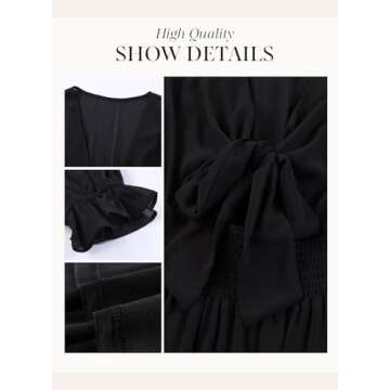 Dokotoo Womens Casual Spring Summer Sexy V Neck Ruffle Elegant Long Sleeve Empire Waist Tie Knot Cute Chiffon Boho Beach Tunic Swing A Line Flowy Mini Short Skater Dresses for Women 2025 Black M