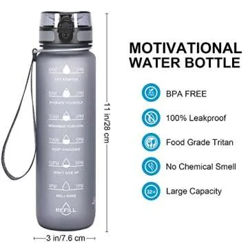Motivational Sports Water Bottle - 32 oz / 1 Liter Water Bottle for Men Women with Time Marker - Pla...