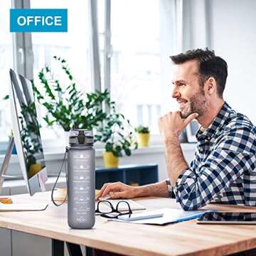 Motivational Sports Water Bottle - 32 oz / 1 Liter Water Bottle for Men Women with Time Marker - Plastic Bottle with Fruit Infuser Filter Cleaning Brush