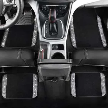 CAR PASS Bling Diamond Car Floor Mats, Shining Rhinestone Carpet Sparkly Glitter Crystal with Anti-Slip PVC Heel Pad Waterproof Universal Fit Automotive SUV,Sedan,Van,Cute Girl Women,4pcs Black Sliver