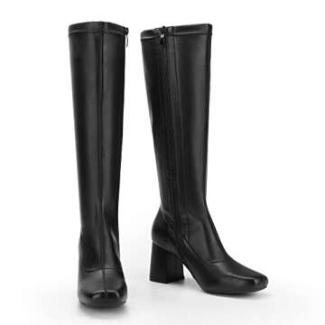 DREAM PAIRS Women's Gogo Boots, Square Toe Chunky Knee High Boots for Women，Fall Long Boots for Disco Cosplay Halloween Outfits, Sdkb2231w, Black/Pu, Size 9.5