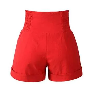 Women's 50s Retro Rockabilly Style High Waist Pinup Shorts (M, Red)