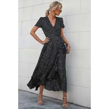 PRETTYGARDEN Women's Summer Wrap Maxi Dress Casual Boho Floral V Neck Short Sleeve Ruffle Hem Split Beach Long Dresses (Black Polka Dot,Small)