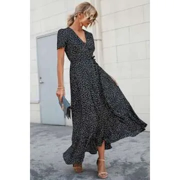 PRETTYGARDEN Women's Summer Wrap Maxi Dress Casual Boho Floral V Neck Short Sleeve Ruffle Hem Split Beach Long Dresses (Black Polka Dot,Small)