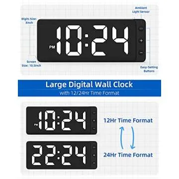 Digital Wall Clock with Large Display, Big Digits, Auto-Dimming, 12/24Hr Format, Battery Backup, Silent LED Wall Clock for Farmhouse, Kitchen, Living Room, Bedroom, Classroom, Office – White