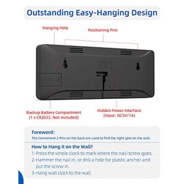 Digital Wall Clock with Large Display, Big Digits, Auto-Dimming, 12/24Hr Format, Battery Backup, Silent LED Wall Clock for Farmhouse, Kitchen, Living Room, Bedroom, Classroom, Office – White