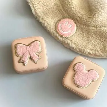 Gold Glitters & Pink Chenille Varsity Initial Patches, 3M Adhesive Sticker Iron On, 2.5" Height (Mickey)