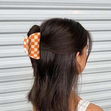 Bmobuo Hair Clip, 3PCS Checkered Claw Clips for Women Girls, Orange & White, Size Fits All, Nonslip,...