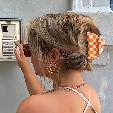 Bmobuo Hair Clip, 3PCS Checkered Claw Clips for Women Girls, Orange & White, Size Fits All, Nonslip, Hair Accessories for Thick Thin Hair, Y2K Hair Clips