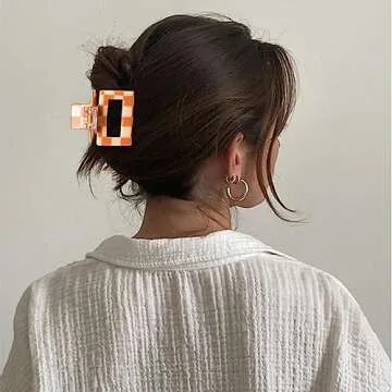 Bmobuo Hair Clip, 3PCS Checkered Claw Clips for Women Girls, Orange & White, Size Fits All, Nonslip, Hair Accessories for Thick Thin Hair, Y2K Hair Clips