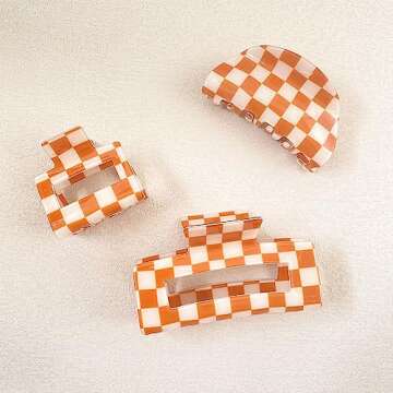 Bmobuo Hair Clip, 3PCS Checkered Claw Clips for Women Girls, Orange & White, Size Fits All, Nonslip, Hair Accessories for Thick Thin Hair, Y2K Hair Clips