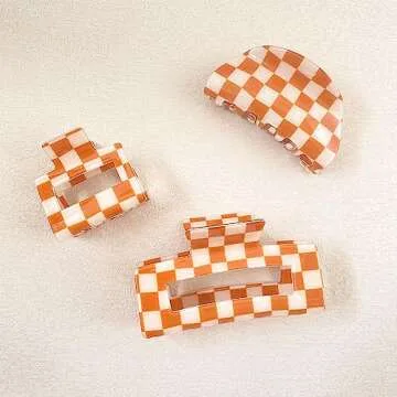 Bmobuo Hair Clip, 3PCS Checkered Claw Clips for Women Girls, Orange & White, Size Fits All, Nonslip, Hair Accessories for Thick Thin Hair, Y2K Hair Clips