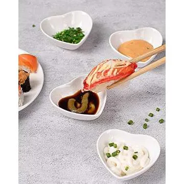DELLING 12 Pack Soy Sauce Dishes/Bowls, Heart Shaped Dip Bowls Set, Sauce Cups/Ceramic Dipping Bowls, Mini Serving Bowls for Side Dishes, Soy Sauce, Ketchup, Sushi, BBQ and Party Dinner- White, 1Oz