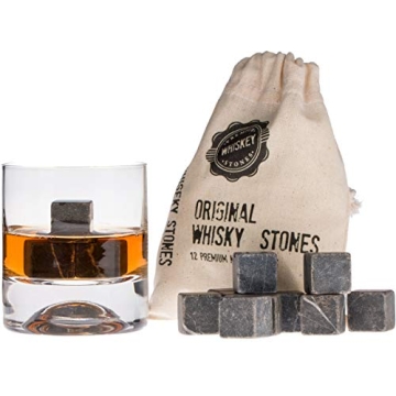 Premium Whiskey Stones Gift Set with 12 Pcs Stones and Bag. Whiskey, Bourbon, Cognac, Scotch,Gin, Wi...