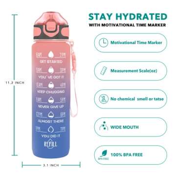 Enerbone 32 oz Drinking Water Bottle with Times to Drink and Straw, Motivational with Carrying Strap...