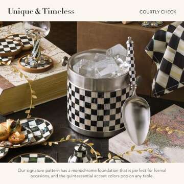 MACKENZIE-CHILDS 3260 Ice Bucket, Decorative Stainless-Steel Bucket, Ice-Cube Bin for Parties, Black-and-White Courtly Check