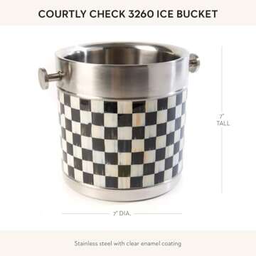 MACKENZIE-CHILDS 3260 Ice Bucket, Decorative Stainless-Steel Bucket, Ice-Cube Bin for Parties, Black-and-White Courtly Check