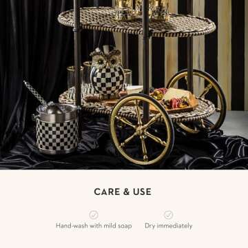 MACKENZIE-CHILDS 3260 Ice Bucket, Decorative Stainless-Steel Bucket, Ice-Cube Bin for Parties, Black-and-White Courtly Check