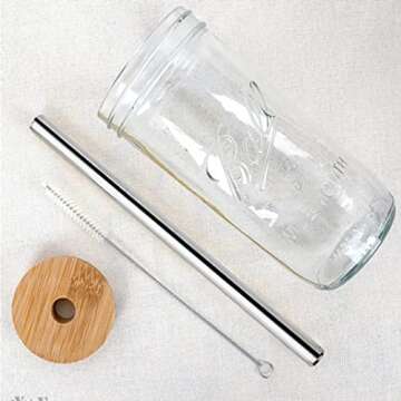 RNSUNH 2 Pcs Reusable Wide Mouth Smoothie Cups 25oz Leakproof Glass Mason Jars Boba Tumblers with Wooden Lid and Stainless Steel Straws Drinking Glass Bubble Tea Cups for Iced Coffee Travel Bottle
