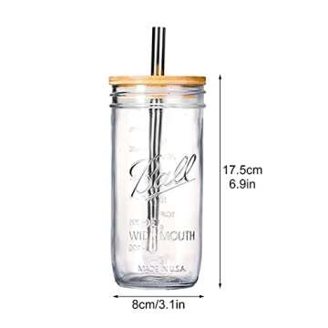 RNSUNH 2 Pcs Reusable Wide Mouth Smoothie Cups 25oz Leakproof Glass Mason Jars Boba Tumblers with Wooden Lid and Stainless Steel Straws Drinking Glass Bubble Tea Cups for Iced Coffee Travel Bottle