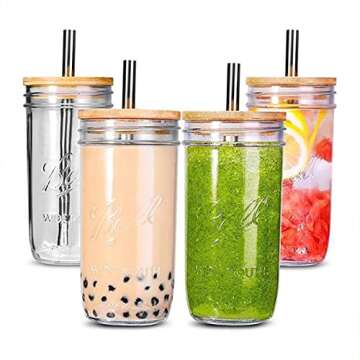 RNSUNH 2 Pcs Reusable Wide Mouth Smoothie Cups 25oz Leakproof Glass Mason Jars Boba Tumblers with Wooden Lid and Stainless Steel Straws Drinking Glass Bubble Tea Cups for Iced Coffee Travel Bottle