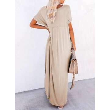 Dokotoo Womens Spring Summer Boho Hawaiian Vacation Outfits Fashion Long Dress T-Shirt Dress Short Sleeve Casual Loose Plain Maxi Beach Dresses Resort Wear Sundress with Pockets Parchment Small