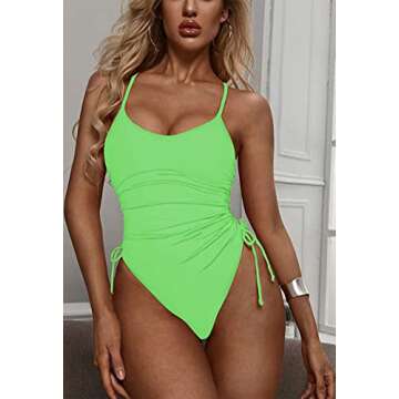 TOLENY Cheeky Tummy Control One Piece Swimsuit for Women Drawstring Side Monokini Bathing Suit Green XL