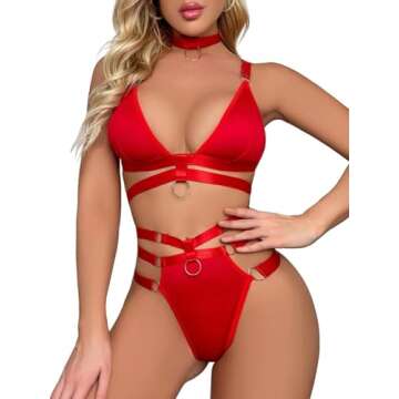 Lilosy Plus Size Sexy Wireless Choker O Ring Linked Harness Women Strappy Lingerie Set Outfits Bra Panty 3 Piece Red XX-Large