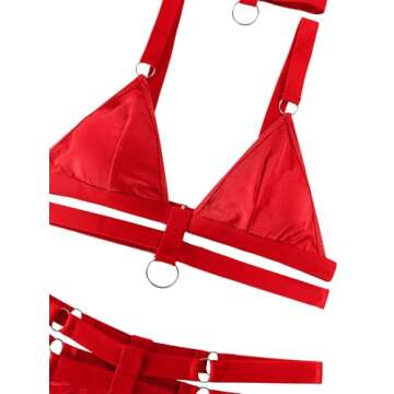 Lilosy Plus Size Sexy Wireless Choker O Ring Linked Harness Women Strappy Lingerie Set Outfits Bra Panty 3 Piece Red XX-Large