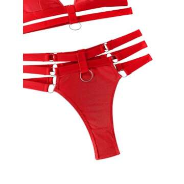 Lilosy Plus Size Sexy Wireless Choker O Ring Linked Harness Women Strappy Lingerie Set Outfits Bra Panty 3 Piece Red XX-Large