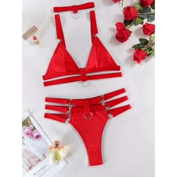 Lilosy Plus Size Sexy Wireless Choker O Ring Linked Harness Women Strappy Lingerie Set Outfits Bra Panty 3 Piece Red XX-Large