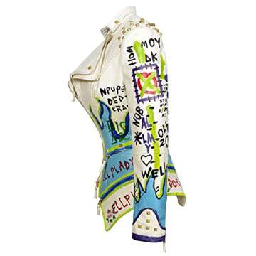 Fashion SX Women's Punk Floral Embroidered short Faux Leather Jacket Hand-painted Moto PU Coat （White-S