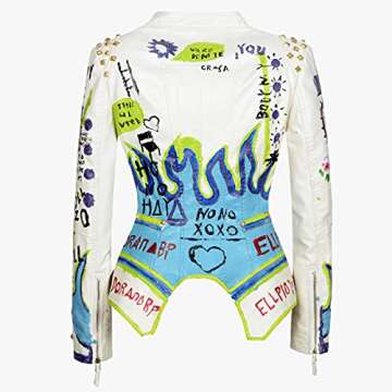 Fashion SX Women's Punk Floral Embroidered short Faux Leather Jacket Hand-painted Moto PU Coat （White-S