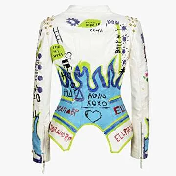 Fashion SX Women's Punk Floral Embroidered short Faux Leather Jacket Hand-painted Moto PU Coat （White-S