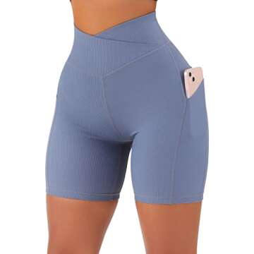 SUUKSESS Women Cross Waist Workout Shorts with Pockets Ribbed High Waisted Booty Biker Shorts (#1 Bl...