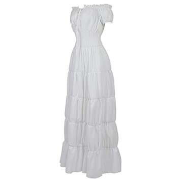 Lehauya Women Renaissance Costumes Medieval Pirate Peasant Wench Boho Chemise Smocked Waist Over Dress White Small