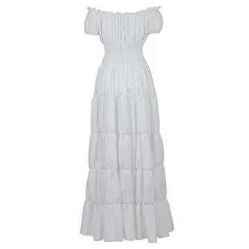 Lehauya Women Renaissance Costumes Medieval Pirate Peasant Wench Boho Chemise Smocked Waist Over Dress White Small