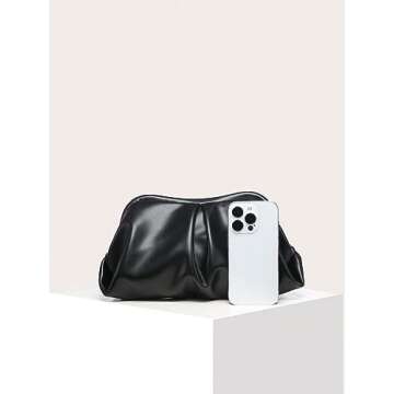 Verdusa Women's PU Leather Clutch Handbags Ruched Bag Purse Black one-size