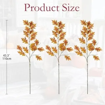 GnFlus 43.3" Artificial Fall Oak Leaves Stems Fake Autumn Foliage Silk Branches 3Pcs Faux Long Stems for Home Farmhouse Vase Thanksgiving Table Centerpieces Festival Party Decor (Yellow)