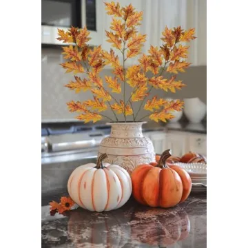 GnFlus 43.3" Artificial Fall Oak Leaves Stems Fake Autumn Foliage Silk Branches 3Pcs Faux Long Stems for Home Farmhouse Vase Thanksgiving Table Centerpieces Festival Party Decor (Yellow)