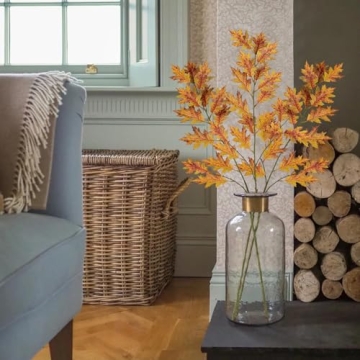 GnFlus 43.3" Artificial Fall Oak Leaves Stems Fake Autumn Foliage Silk Branches 3Pcs Faux Long Stems for Home Farmhouse Vase Thanksgiving Table Centerpieces Festival Party Decor (Yellow)