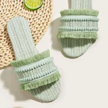 FRZTOUR Women's Raffia Sandals Straw Woven Flats Fringe Crochet Nonslip Comfy Beach Slides for Summer (7.5,Mint Green)
