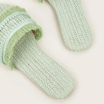 FRZTOUR Women's Raffia Sandals Straw Woven Flats Fringe Crochet Nonslip Comfy Beach Slides for Summer (7.5,Mint Green)