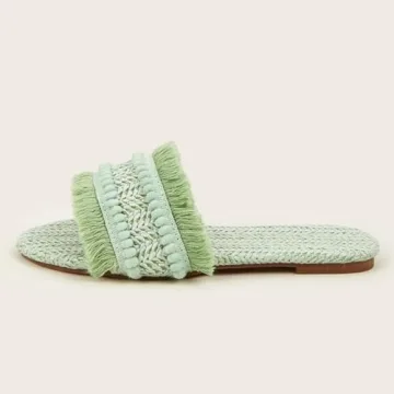 FRZTOUR Women's Raffia Sandals Straw Woven Flats Fringe Crochet Nonslip Comfy Beach Slides for Summer (7.5,Mint Green)